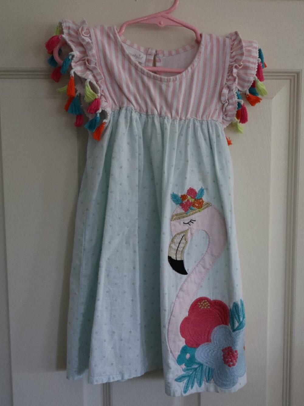 Flamingo Embroidered Sundress 5T Mudpie with tassel sleeves teal/pink/white